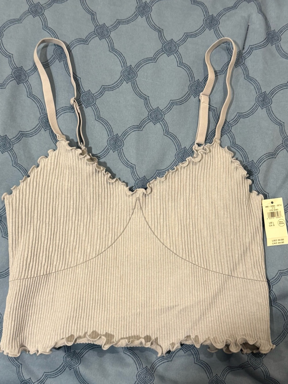 Aerie Ribbed Cropped Lettuce Hem Tank Top Gray Size Large NWT
